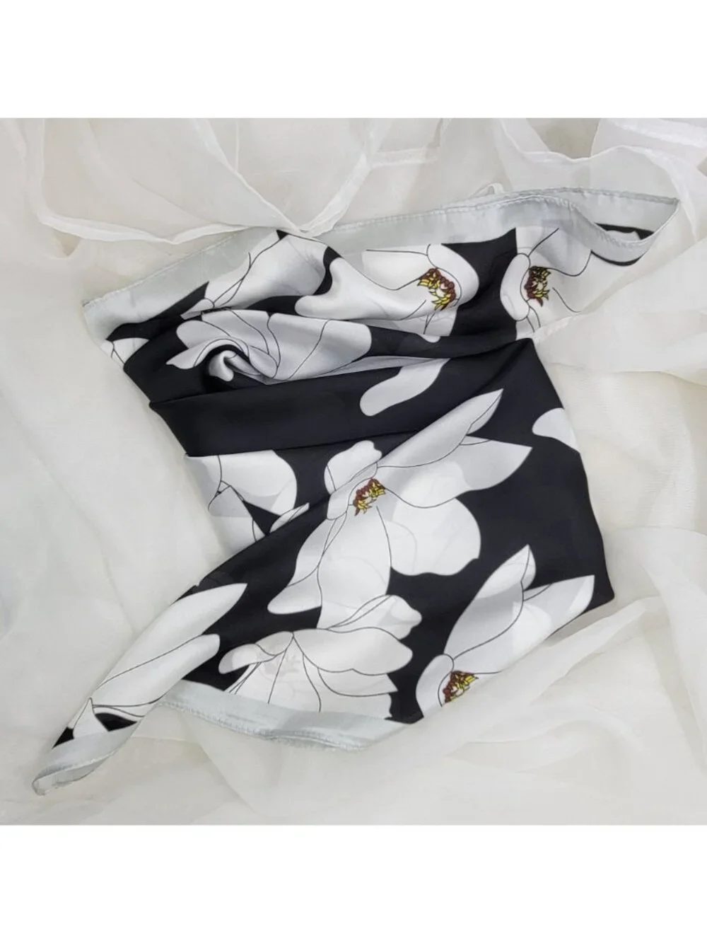 ⭐New Elegant Bandana Square Scarf Silky Satin Soft BLACK WHITE Floral Wrap Shawl_5